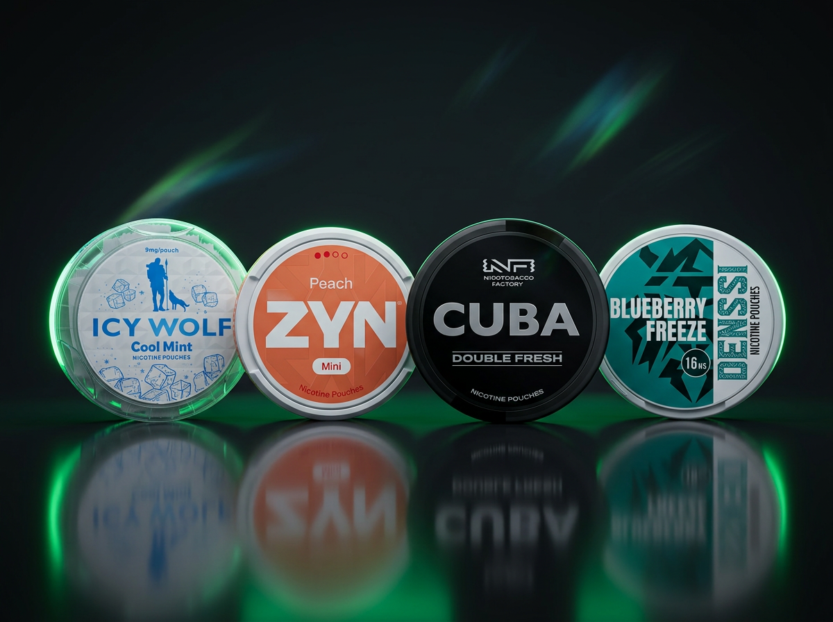 Nicotine pouch can lineup in neon green light
